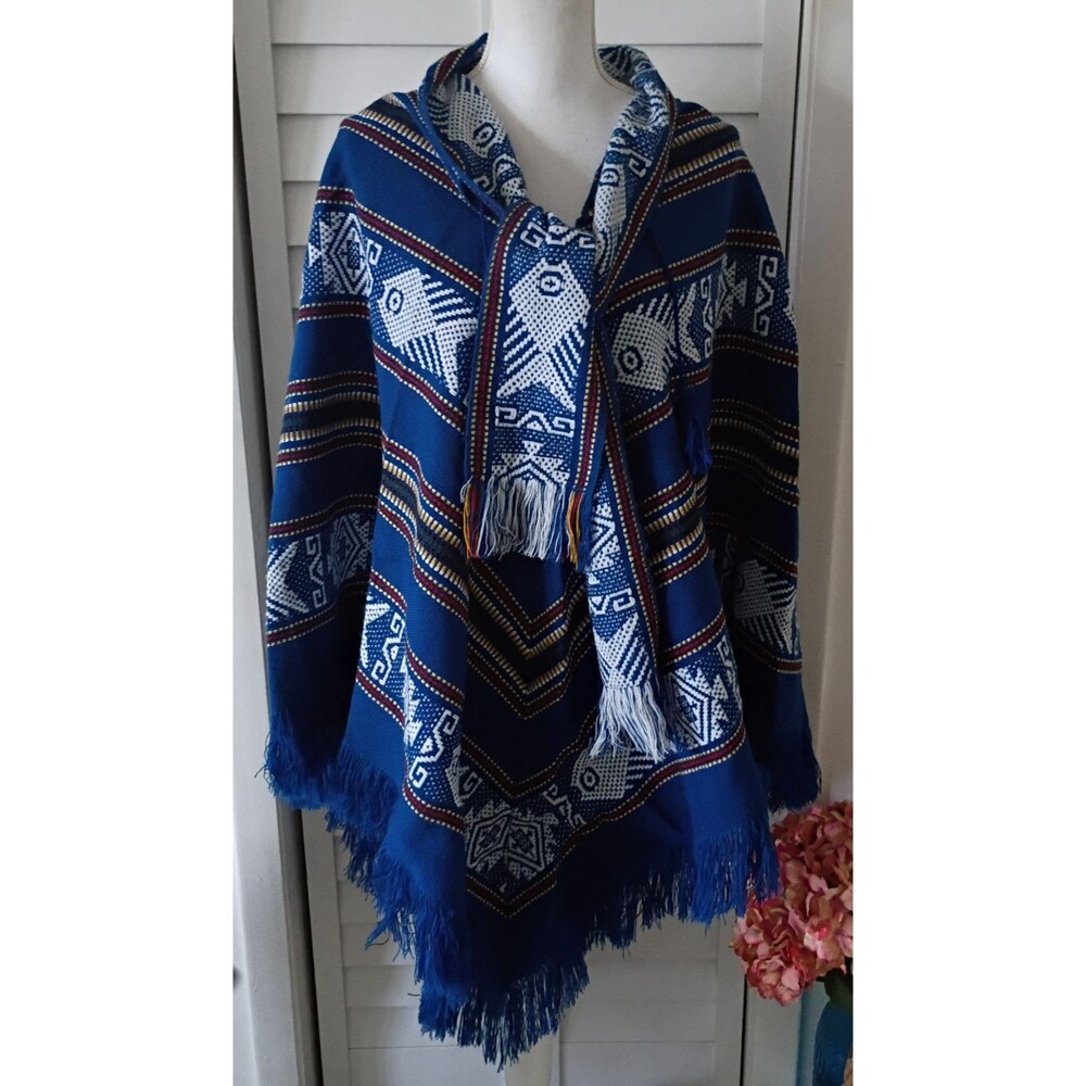 Handmade Virgin Wool Poncho with Attached Scarf fringe bottom Equador One Size